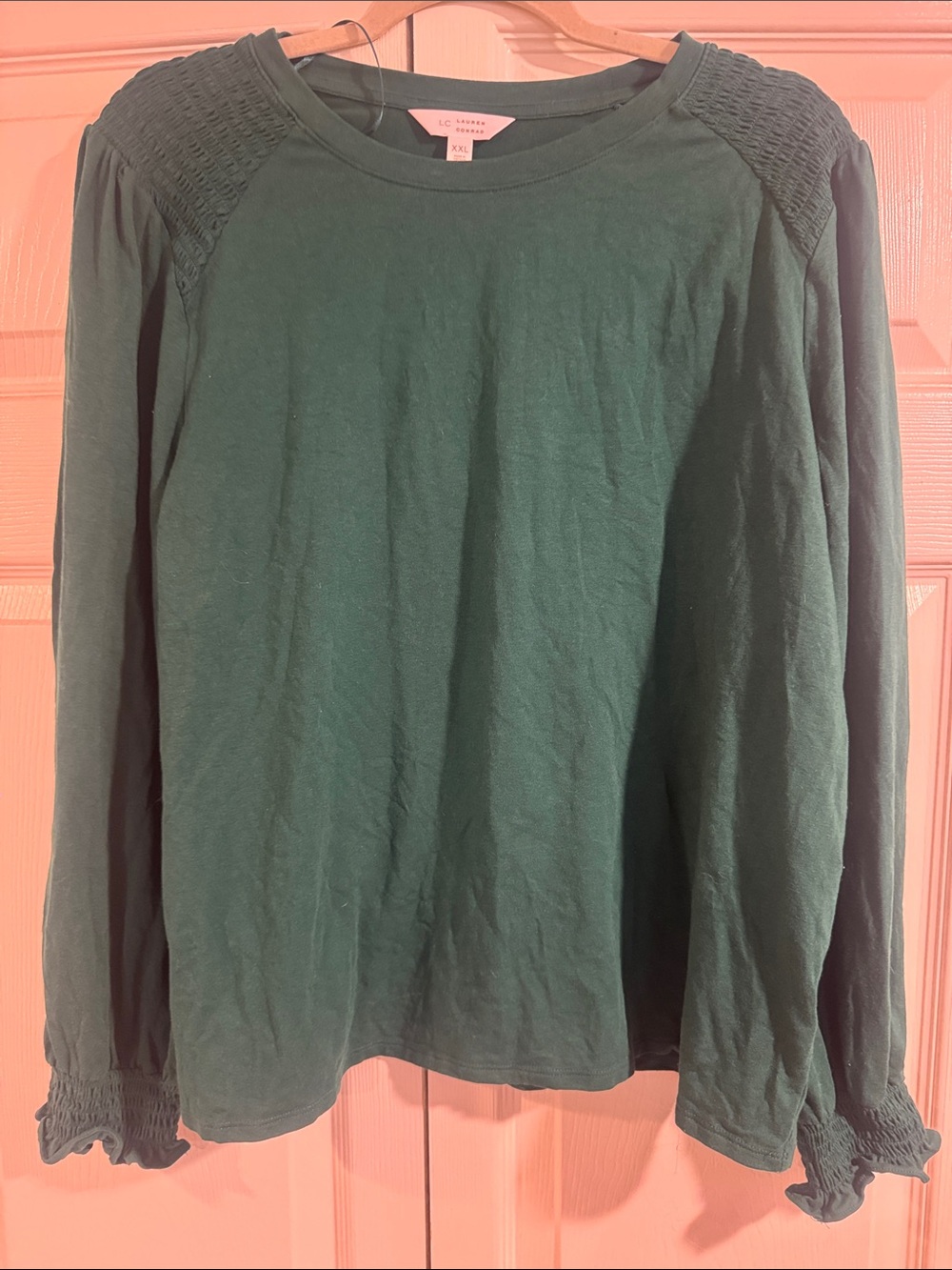 LC Lauren Conrad Dark Green Long-Sleeve Top with Smocked Shoulders-XXL